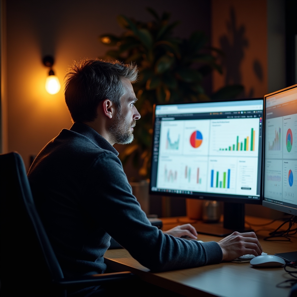 SEO professional conducting a link audit on a large monitor showing site crawl data with colored link health indicators and spreadsheet analysis