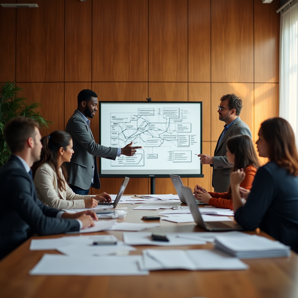 Diverse team of content strategists and SEO professionals collaborating around a conference table with laptops and printed site maps during a linking strategy workshop